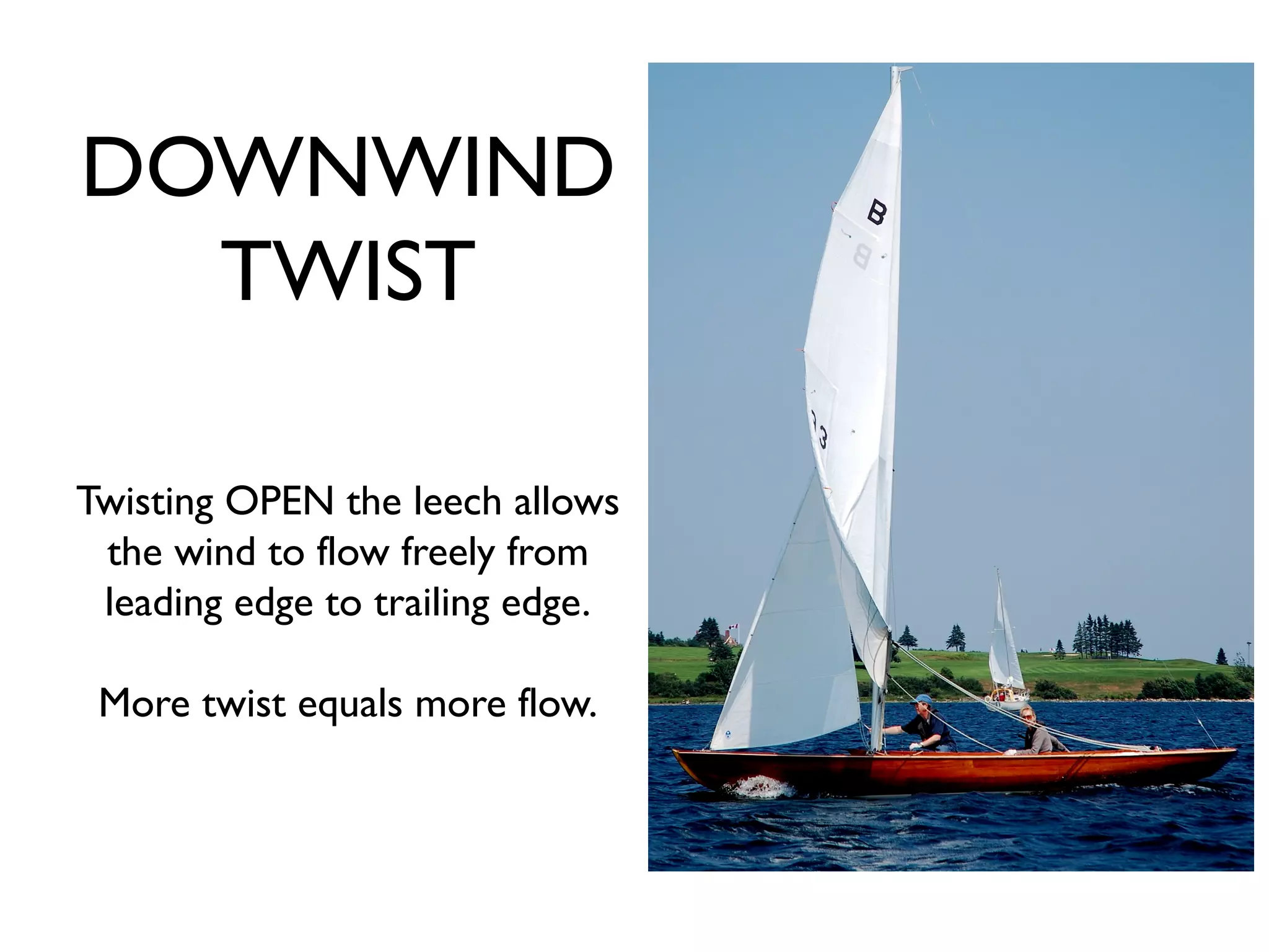 DOWNWIND
  TWIST

Twisting OPEN the leech allows
 the wind to flow freely from
 leading edge to trailing edge.

 More twist equals more flow.
 