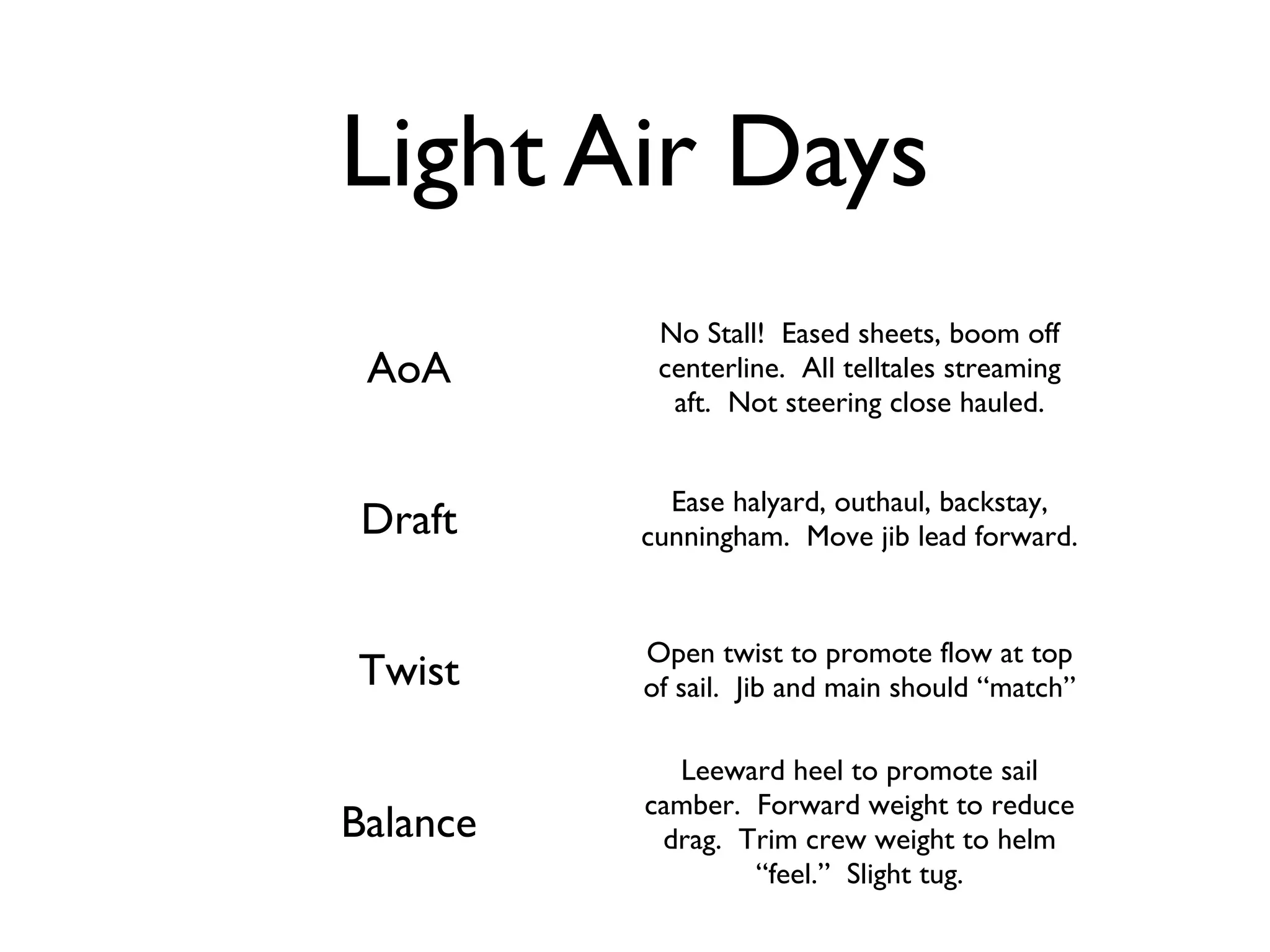 Light Air Days
           No Stall! Eased sheets, boom off
 AoA       centerline. All telltales streaming
            aft. Not steering close hauled.


            Ease halyard, outhaul, backstay,
 Draft    cunningham. Move jib lead forward.


          Open twist to promote flow at top
Twist     of sail. Jib and main should “match”

            Leeward heel to promote sail
          camber. Forward weight to reduce
Balance    drag. Trim crew weight to helm
                  “feel.” Slight tug.
 