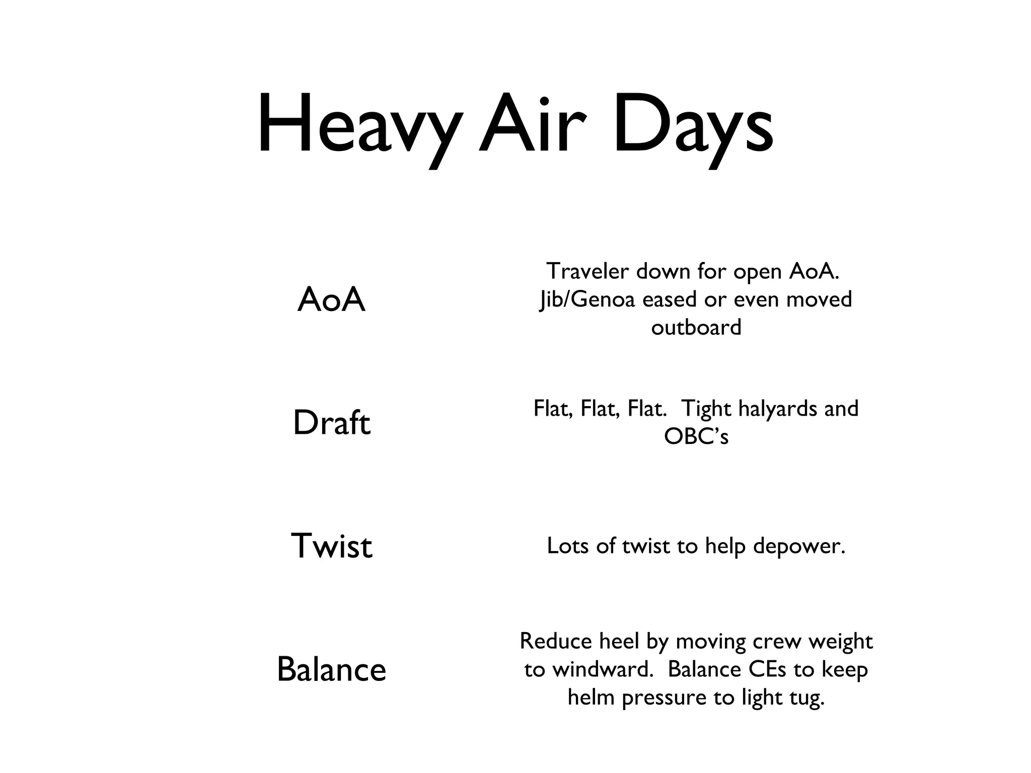 Heavy Air Days
            Traveler down for open AoA.
 AoA       Jib/Genoa eased or even moved
                      outboard


           Flat, Flat, Flat. Tight halyards and
 Draft                     OBC’s



Twist       Lots of twist to help depower.


          Reduce heel by moving crew weight
Balance   to windward. Balance CEs to keep
              helm pressure to light tug.
 
