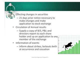 • Effecting changes in securities
– 21 days prior notice necessary to
make changes and make
application to stock exchange
• Circulation of Annual results
– Supply a copy of B/S, P&L and
directors report to each share
holder and up on application to any
member of the exchange
• Information of events
– Inform about strikes, lockouts both
at occurrence and cessation
www.kanishgeorge.blogspot.in
 