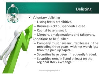 Delisting
• Voluntary delisting
– Listing fee is prohibitive.
– Business sick/ Suspended/ closed.
– Capital base is small.
– Mergers, amalgamations and takeovers.
• Conditions to be fulfilled:
– Company must have incurred losses in the
preceding three years, with net worth less
than the paid up capital.
– Securities have been infrequently traded.
– Securities remain listed at least on the
regional stock exchange.
www.kanishgeorge.blogspot.in
 