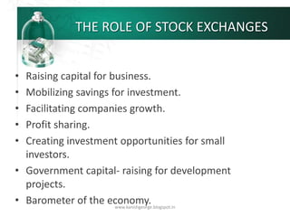 THE ROLE OF STOCK EXCHANGES
• Raising capital for business.
• Mobilizing savings for investment.
• Facilitating companies growth.
• Profit sharing.
• Creating investment opportunities for small
investors.
• Government capital- raising for development
projects.
• Barometer of the economy.www.kanishgeorge.blogspot.in
 