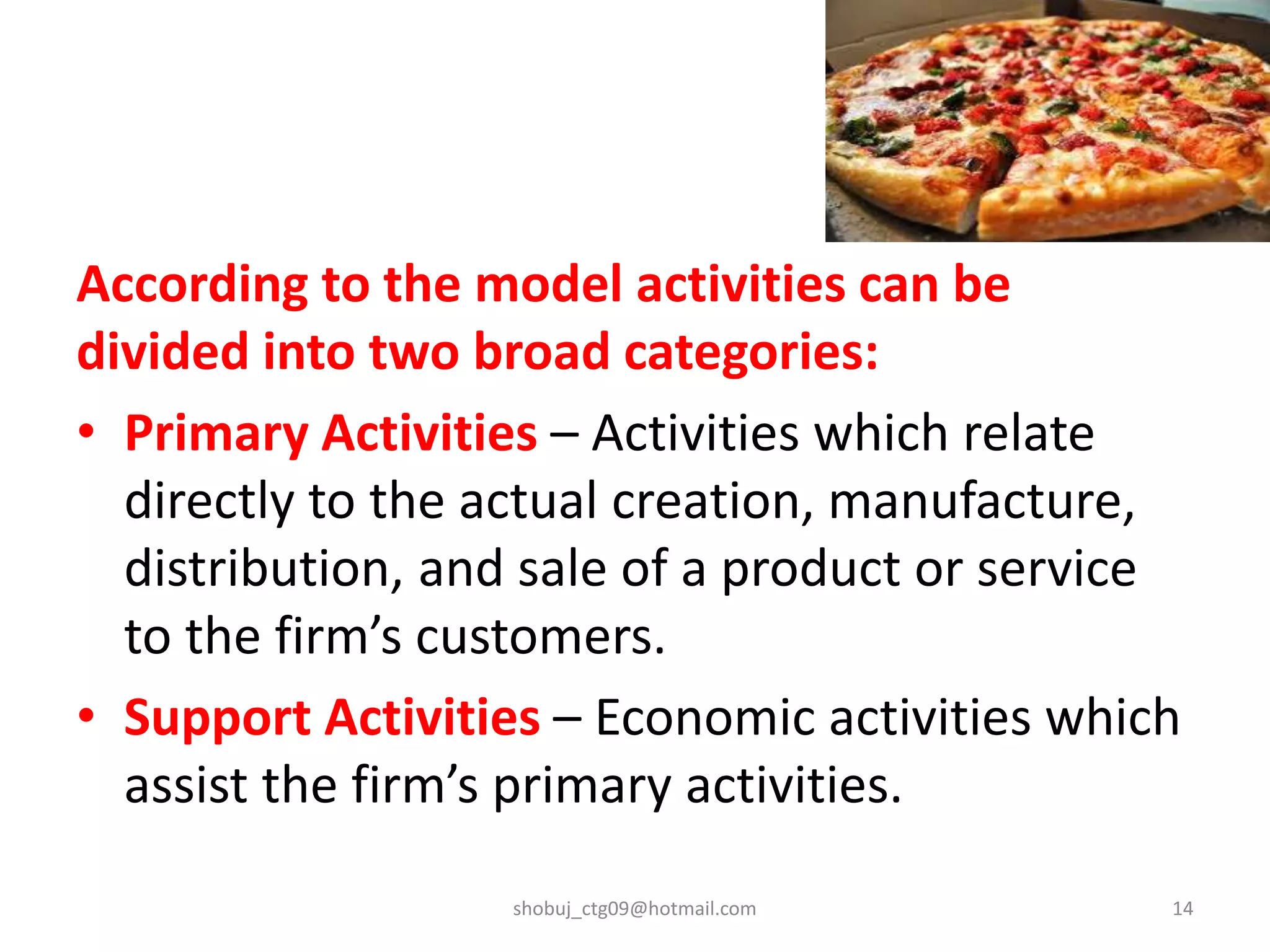 According to the model activities can be
divided into two broad categories:
• Primary Activities – Activities which relate
directly to the actual creation, manufacture,
distribution, and sale of a product or service
to the firm’s customers.
• Support Activities – Economic activities which
assist the firm’s primary activities.
shobuj_ctg09@hotmail.com 14
 