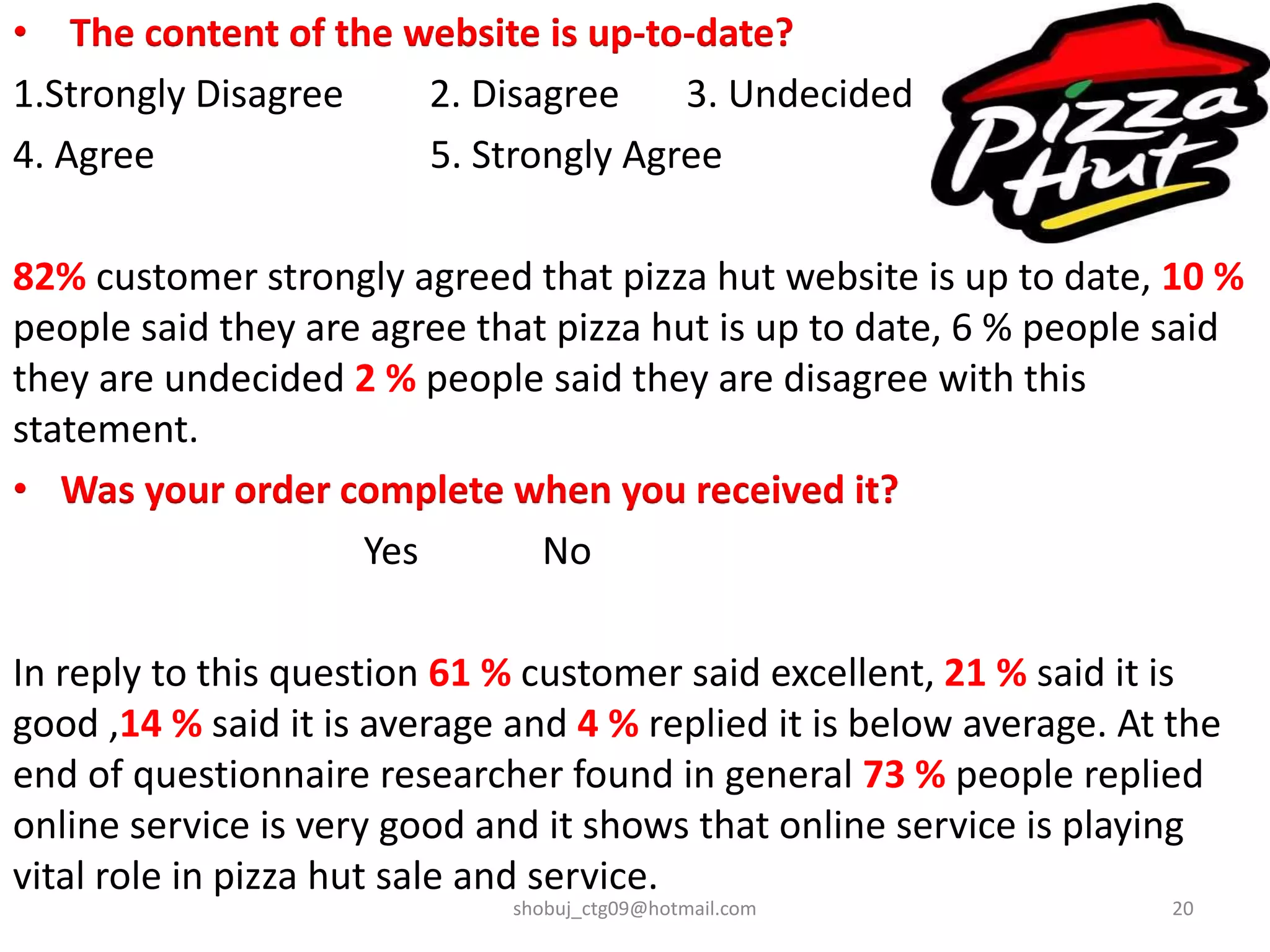• The content of the website is up-to-date?
1.Strongly Disagree 2. Disagree 3. Undecided
4. Agree 5. Strongly Agree
82% customer strongly agreed that pizza hut website is up to date, 10 %
people said they are agree that pizza hut is up to date, 6 % people said
they are undecided 2 % people said they are disagree with this
statement.
• Was your order complete when you received it?
Yes No
In reply to this question 61 % customer said excellent, 21 % said it is
good ,14 % said it is average and 4 % replied it is below average. At the
end of questionnaire researcher found in general 73 % people replied
online service is very good and it shows that online service is playing
vital role in pizza hut sale and service.
shobuj_ctg09@hotmail.com 20
 