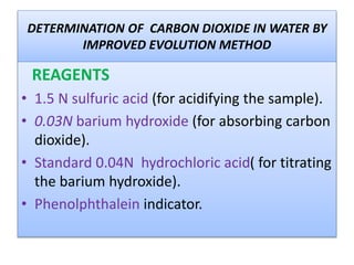 REAGENTS
1.5 N sulfuric acid (for acidifying the
sample).
0.03N barium hydroxide (for absorbing
carbon dioxide).
Standard 0.04N hydrochloric acid( for
titrating the barium hydroxide).
Phenolphthalein indicator.
 