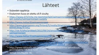 Lähteet
• Sisävedet-oppikirja
• Etukannen kuva on otettu sll.fi sivulta
• https://www.sll.fi/mita-me-teemme/lajit/saimaannorppa/saimaannorppa-ja-
sen-suojelu/saimaannorpan-suojelu
• http://www.metsa.fi/saimaannorppa
• http://www.greenpeace.org/finland/fi/media/blogi/elmni-
elimet/blog/47541/
• http://yle.fi/aihe/artikkeli/2012/09/14/ainoastaan-suojelu-voi-pelastaa-
saimaannorpan
• http://www.metsa.fi/saimaannorppalife
• https://wwf.fi/wwf-suomi/viestinta/uutiset-ja-tiedotteet/Keinopesakilpailu-
poiki-uusia-ideoita-saimaannorpan-suojeluun-2006.a
• http://www.vastavalo.net/jarvi-jarvimaisema-maisema-tammikuun-
jarvimaisema-580869.html
• Tehnyt Iiris Rautio 7A
 
