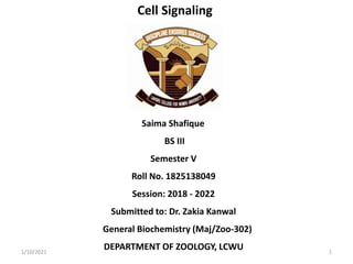 Cell Signaling
Saima Shafique
BS III
Semester V
Roll No. 1825138049
Session: 2018 - 2022
Submitted to: Dr. Zakia Kanwal
General Biochemistry (Maj/Zoo-302)
DEPARTMENT OF ZOOLOGY, LCWU1/10/2021 1
 