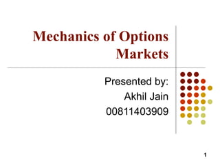 Mechanics of Options Markets Presented by: Akhil Jain 00811403909 