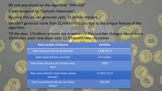 Bit coin was based on the algorithm “SHA-256”
It was designed by “Santoshi Nakamato”.
By using this we can generate upto 21 million bitcoins.
We can’t generate more than 21 million bitcoins due to the unique feature of the
algorithm.
Till the date 17millions bitcoins are in existence,This number changes about every
10minutes ,each new block adds 12.5 bitcoins into circulation
Total number of bitcoins 21million
How many are left to be behind? 3,406,287.5
How many bitcoins are lost? 3-4 million
How many bitcoins are mined every
day?
1800
How many bitcoins have been mined
already?
17,593,712.5
How many bitcoin blocks are there
today?
567,497
 