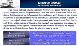 MINHA VIDA
   E A CABANA
                                           Saindo da cabana
                                           Um cenário de impedimentos

   - Se ao menos fosse tão simples, Mackenzie! Ninguém sabe de que horrores eu salvei o
mundo, porque as pessoas não podem ver as coisas que jamais aconteceram. Todo o mal
decorre da independência e a independência foi a escolha que vocês fizeram. Se fosse simples
anular todas as escolhas de independência, o mundo que você conhece deixaria de existir e o
amor não teria significado. O mundo não é um playground onde mantenho meus filhos livres do
mal. O mal é o caos, mas não terá a palavra final. Agora ele toca todos que eu amo, os que me
seguem e os que não me seguem. Se eu eliminar as consequências das escolhas das pessoas,
destruo a possibilidade do amor. O amor forçado não é amor. (p.177-178)
 