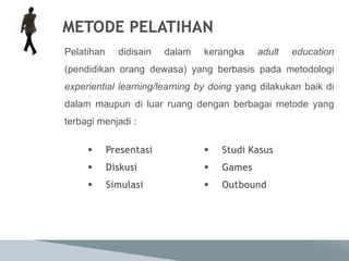 Pelatihan didisain dalam kerangka  adult education  (pendidikan orang dewasa) yang berbasis pada metodologi  experiential learning/learning by doing  yang dilakukan baik di dalam maupun di luar ruang dengan berbagai metode yang terbagi menjadi : 