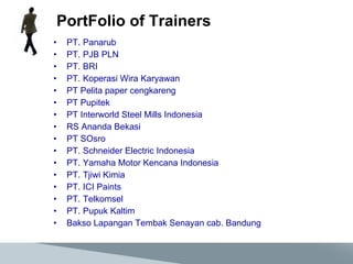 PortFolio of Trainers  PT. Panarub PT. PJB PLN PT. BRI PT. Koperasi Wira Karyawan PT Pelita paper cengkareng PT Pupitek PT Interworld Steel Mills Indonesia RS Ananda Bekasi PT SOsro PT. Schneider Electric Indonesia PT. Yamaha Motor Kencana Indonesia PT. Tjiwi Kimia PT. ICI Paints PT. Telkomsel PT. Pupuk Kaltim Bakso Lapangan Tembak Senayan cab. Bandung 