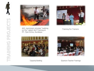 Arfi, memimpin simulasi “walking on fire” dalam NLP Training di PT. Tjiwi Kimia, Surabaya Capacity Building Quantum Teacher Trainings Training For Trainers 