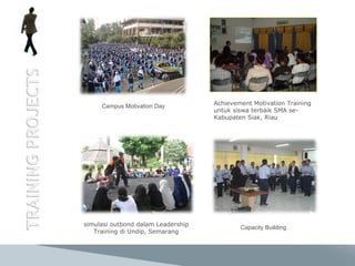 Achievement Motivation Training untuk siswa terbaik SMA se-Kabupaten Siak, Riau Campus Motivation Day simulasi outbond dalam Leadership Training di Undip, Semarang Capacity Building 