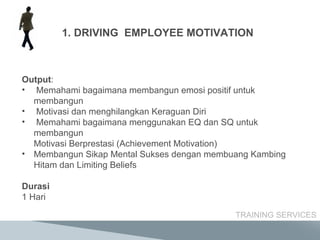 Output : Memahami bagaimana membangun emosi positif untuk membangun Motivasi dan menghilangkan Keraguan Diri Memahami bagaimana menggunakan EQ dan SQ untuk membangun Motivasi Berprestasi (Achievement Motivation) Membangun Sikap Mental Sukses dengan membuang Kambing Hitam dan Limiting Beliefs Durasi 1 Hari TRAINING SERVICES DRIVING  EMPLOYEE MOTIVATION 