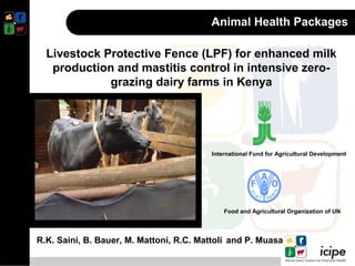 Animal Health Packages 
Livestock Protective Fence (LPF) for enhanced milk 
production and mastitis control in intensive zero-grazing 
dairy farms in Kenya 
International Fund for Agricultural Development 
Food and Agricultural Organization of UN 
R.K. Saini, B. Bauer, M. Mattoni, R.C. Mattoli and P. Muasa 
 