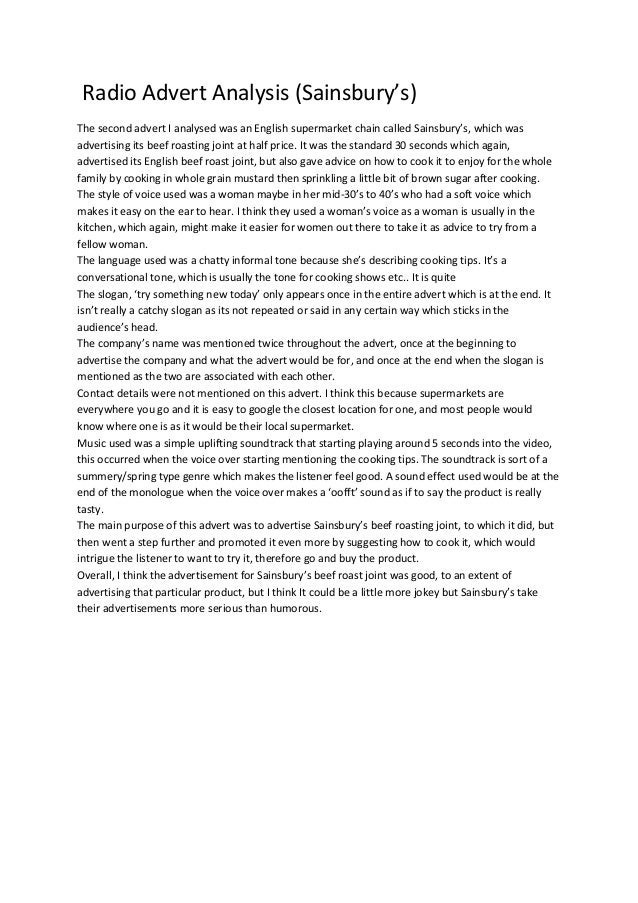 Sainsbury radio advert analysis sheet