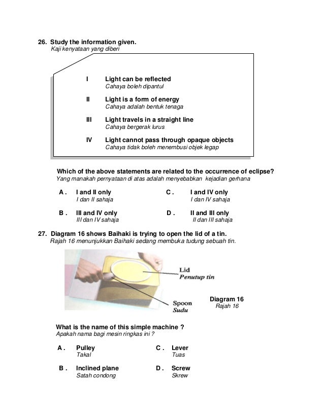 Soalan Percubaan UPSR 2012 Negeri Kelantan Subjek Sains Bahagian A & B