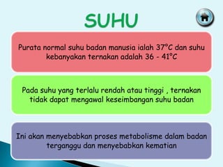 Purata normal suhu badan manusia ialah 37°C dan suhu
kebanyakan ternakan adalah 36 - 41°C
Ini akan menyebabkan proses metabolisme dalam badan
terganggu dan menyebabkan kematian
Pada suhu yang terlalu rendah atau tinggi , ternakan
tidak dapat mengawal keseimbangan suhu badan
 