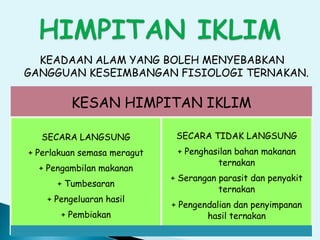 KEADAAN ALAM YANG BOLEH MENYEBABKAN
GANGGUAN KESEIMBANGAN FISIOLOGI TERNAKAN.
KESAN HIMPITAN IKLIM
SECARA LANGSUNG
+ Perlakuan semasa meragut
+ Pengambilan makanan
+ Tumbesaran
+ Pengeluaran hasil
+ Pembiakan
SECARA TIDAK LANGSUNG
+ Penghasilan bahan makanan
ternakan
+ Serangan parasit dan penyakit
ternakan
+ Pengendalian dan penyimpanan
hasil ternakan
 