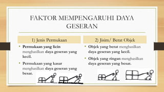 FAKTOR MEMPENGARUHI DAYA
GESERAN
1) Jenis Permukaan
• Permukaan yang licin
menghasilkan daya geseran yang
kecil.
• Permukaan yang kasar
menghasilkan daya geseran yang
besar.
2) Jisim/ Berat Objek
• Objek yang berat menghasilkan
daya geseran yang kecil.
• Objek yang ringan menghasilkan
daya geseran yang besar.
 
