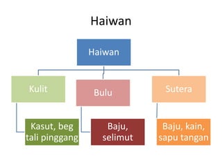 Haiwan
Haiwan
Kulit
Kasut, beg
tali pinggang
Bulu
Baju,
selimut
Sutera
Baju, kain,
sapu tangan
 