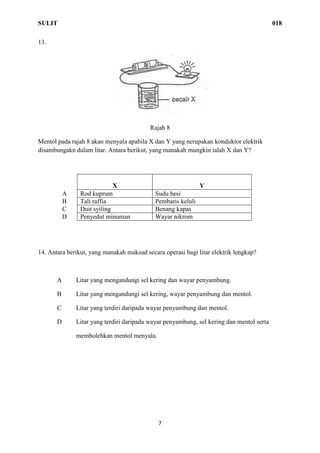 SULIT 018
7
13.
Rajah 8
Mentol pada rajah 8 akan menyala apabila X dan Y yang nerupakan konduktor elektrik
disambungakn dalam litar. Antara berikut, yang manakah mungkin ialah X dan Y?
X Y
A Rod kuprum Sudu besi
B Tali raffia Pembaris keluli
C Duit syiling Benang kapas
D Penyedut minuman Wayar nikrom
14. Antara berikut, yang manakah maksud secara operasi bagi litar elektrik lengkap?
A Litar yang mengandungi sel kering dan wayar penyambung.
B Litar yang mengandungi sel kering, wayar penyambung dan mentol.
C Litar yang terdiri daripada wayar penyambung dan mentol.
D Litar yang terdiri daripada wayar penyambung, sel kering dan mentol serta
membolehkan mentol menyala.
 