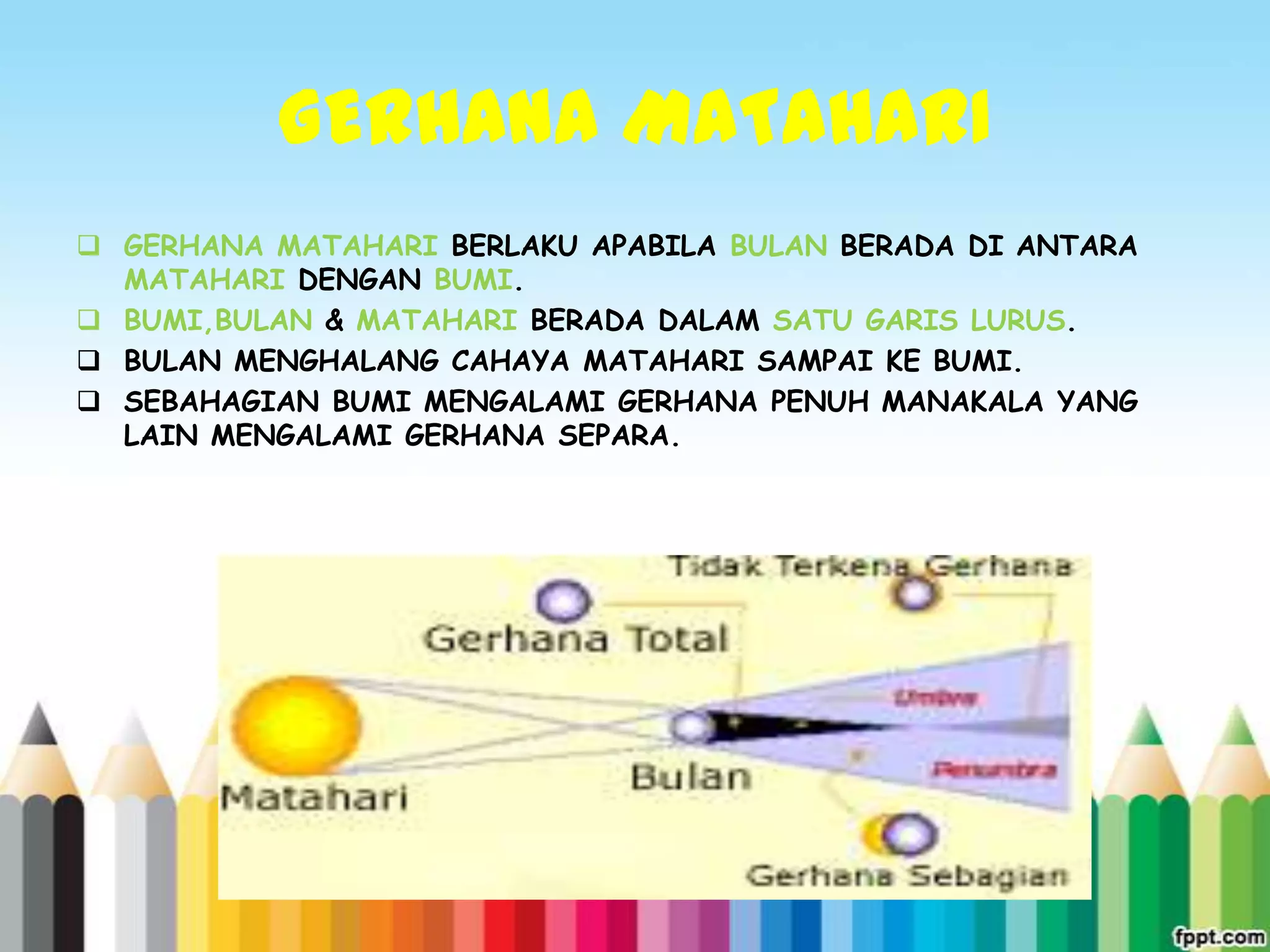 GERHANA MATAHARI
 GERHANA MATAHARI BERLAKU APABILA BULAN BERADA DI ANTARA
  MATAHARI DENGAN BUMI.
 BUMI,BULAN & MATAHARI BERADA DALAM SATU GARIS LURUS.
 BULAN MENGHALANG CAHAYA MATAHARI SAMPAI KE BUMI.
 SEBAHAGIAN BUMI MENGALAMI GERHANA PENUH MANAKALA YANG
  LAIN MENGALAMI GERHANA SEPARA.
 