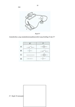 10
018
Rajah 9
Antaraberikut, yang manakahmenunjukkansimbol yang betulbagi X dan Y?
27. Rajah 10 menunjukkandualitarelektrik, V dan W.
 