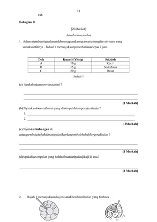 13
018
Bahagian B
[20Markah]
Jawabsemuasoalan
1. Adam membuattigaadunandohmenggunakansecawantepungdan air suam yang
samakuantitinya . Jadual 1 menunjukkanpemerhatianselepas 2 jam.
Jadual 1
(a) Apakahtujuanpenyiasatanini ?
________________________________________________________________________
________________________________________________________________________
[1 Markah]
(b) Nyatakanduamaklumat yang dikumpuldalampenyiasatanini?
1. ____________________________________________________________________
2. ____________________________________________________________________
[1Markah]
(c) Nyatakanhubungan di
antarapembolehubahdimanipulasikandanpembolehubahbergerakbalas ?
___________________________________________________________________________
___________________________________________________________________________
[1 Markah]
(d)Apakahkesimpulan yang bolehdibuatdaripadaujikaji di atas?
___________________________________________________________________________
[1 Markah]
2. Rajah 1 menunjukkanduajenisanakbenihtumbuhan yang berbeza .
Doh KuantitiYis (g) Saizdoh
A 10 g Kecil
B 15 g Sederhana
C 20 g Besar
 