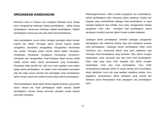 17
ORGANISASI KANDUNGAN
Kurikulum sains ini disusun atur mengikut beberapa tema. Setiap
tema mengandungi beberapa bidang pembelajaran, setiap bidang
pembelajaran mempunyai beberapa objektif pembelajaran. Objektif
pembelajaran mempunyai satu atau lebih hasil pembelajaran.
Hasil pembelajaran umum ditulis mengikut peringkat dalam domain
kognitif dan afektif. Peringkat dalam domain kognitif adalah
mengetahui, memahami, mengaplikasi, menganalisis, mensintesis
dan menilai. Peringkat dalam domain afektif adalah menyedari,
menghargai, menghayati, mengagumi, menyayangi, mensyukuri,
mendalami dan mengamalkan. Hasil Pelajaran dalam domain afektif
adalah tersirat dalam aktiviti pembelajaran yang dicadangkan.
Penerapan sikap siantifik dan nilai murni perlu dijadikan teras dalam
setiap aktiviti pembelajaran. Ini adalah untuk memastikan penerapan
nilai dan sikap secara spontan dan semulajadi. Hasil pembelajaran
dalam domain psikomotor adalah tersurat dalam aktiviti pembelajaran.
Hasil pembelajaran ditulis dalam bentuk objektif perlakuan yang boleh
diukur. Secara am, Hasil pembelajaran dalam sesuatu objektif
pembelajaran disusun secara berurutan daripada mudah kepada
yang lebih kompleks.
Walaubagaimanapun, dalam proses pengajaran dan pembelajaran,
aktiviti pembelajaran perlu dirancang dalam perlakuan holistik dan
integrasi yang membolehkan pelbagai hasil pembelajaran di capai
mengikut keperluan dan konteks. Guru perlu menggunakan strategi
pengajaran untuk cuba mencapai hasil pembelajaran secara
bersepadu mengikut susunan dalam huraian sukatan pelajaran.
Cadangan aktiviti pembelajaran memberi cadangan pengalaman
pembelajaran dan maklumat tentang skop dan kedalaman sesuatu
hasil pembelajaran. Cadangan aktiviti pembelajaran diberi untuk
membantu guru merancang aktiviti yang perlu dijalankan bagi
mencapai hasil pembelajaran yang berkaitan. Satu aktiviti mungkin
dicadangkan untuk mencapai satu atau lebih hasil pembelajaran.
Pada masa yang sama, lebih daripada satu aktiviti mungkin
dicadangkan untuk satu hasil pembelajaran. Guru boleh
mengubahsuai cadangan aktiviti ini sesuai dengan jenis kecerdasan,
tahap kebolehan murid dan juga keadaan sekeliling mereka. Guru
digalakkan merekabentuk aktiviti tambahan yang inovatif dan
berkesan untuk meningkatkan mutu pengajaran dan pembelajaran
sains.
 