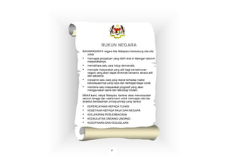 RUKUN NEGARA
BAHAWASANYA negara kita Malaysia mendukung cita-cita
untuk
• mencapai perpaduan yang lebih erat di kalangan seluruh
masyarakatnya;
• memelihara satu cara hidup demokratik;
• mencipta masyarakat yang adil bagi kemakmuran
negara yang akan dapat dinikmati bersama secara adil
dan saksama;
• menjamin satu cara yang liberal terhadap tradisi
kebudayaannya yang kaya dan berbagai-bagai corak;
• membina satu masyarakat progresif yang akan
menggunakan sains dan teknologi moden;
MAKA kami, rakyat Malaysia, berikrar akan menumpukan
seluruh tenaga dan usaha kami untuk mencapai cita-cita
tersebut berdasarkan prinsip-prinsip yang berikut:
• KEPERCAYAAN KEPADA TUHAN
• KESETIAAN KEPADA RAJA DAN NEGARA
• KELUHURAN PERLEMBAGAAN
• KEDAULATAN UNDANG-UNDANG
• KESOPANAN DAN KESUSILAAN
v
 