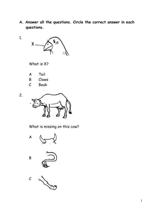 A. Answer all the questions. Circle the correct answer in each
   questions.

1.




     What is X?

     A    Tail
     B    Claws
     C    Beak

2.




     What is missing on this cow?

     A




     B




     C




                                                                 1
 