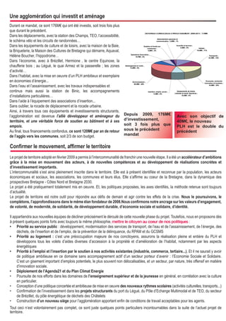 Une agglomération qui investit et aménage
Durant ce mandat, ce sont 176M€ qui ont été investis, soit trois fois plus
que durant le précédent.
Dans les déplacements, avec la station des Champs, TEO, l’accessibilité,
le schéma vélo et les circuits de randonnées…
Dans les équipements de culture et de loisirs, avec la maison de la Baie,
la Briqueterie, la Maison des Cultures de Bretagne qui démarre, Aquaval,
Hélène Boucher, l’hippodrome…
Dans l’économie, avec à Brézillet, Hermione , le centre Equinoxe, la
chaufferie bois ; au Légué, le quai Armez et la passerelle ; les zones
d’activité…
Dans l’habitat, avec la mise en oeuvre d’un PLH ambitieux et exemplaire
en économies d’énergie...
Dans l’eau et l’assainissement, avec les travaux indispensables et
continus mais aussi la station de Binic, les accompagnements
d’installations particulières…
Dans l’aide à l’équipement des associations d’insertion...
Sans oublier, la rocade de déplacement et la rocade urbaine.
Ainsi, à travers tous ces équipements et investissements structurants,
l’agglomération est devenue l’allié développeur et aménageur du
territoire, et une véritable force de soutien au bâtiment et à ses
empois.
Au final, tous financements confondus, ce sont 120M€ par an de retour
de l’agglo vers les communes, soit 2/3 de son budget.

Depuis 2009, 176M€
d’investissement,
soit 3 fois plus que
sous le précédent
mandat

Avec son objectif de
40M€, le nouveau
PLH est le double du
précédent

Confirmer le mouvement, affirmer le territoire
Le projet de territoire adopté en février 2009 a permis à l’intercommunalité de franchir une nouvelle étape. Il a été un accélérateur d’ambitions
grâce à la mise en mouvement des acteurs, à de nouvelles compétences et au développement de réalisations concrètes et
d’investissement importants.
L’intercommunalité s’est ainsi pleinement inscrite dans le territoire. Elle est à présent identifiée et reconnue par la population, les acteurs
économiques et sociaux, les associations, les communes et leurs élus. Elle s’affirme au coeur de la Bretagne, dans la dynamique des
prospectives Bretagne - Côtes Nord et Bretagne 2030.
Le projet a été pratiquement totalement mis en oeuvre. Et, les politiques proposées, les axes identifiés, la méthode retenue sont toujours
d’actualité.
Le projet de territoire est notre outil pour répondre aux défis de demain et agir contre les effets de la crise. Nous le poursuivons, le
complétons, l’approfondissons dans le même élan fondateur de 2008.Nous confirmons notre ancrage sur les valeurs d’engagement,
de volonté, de modernité, de solidarité, de développement durable, d’économie sociale et solidaire, d’identité.
Il appartiendra aux nouvelles équipes de décliner précisément le déroulé de cette nouvelle phase du projet. Toutefois, nous en proposons dès
à présent quelques points forts avec toujours la même philosophie, mettre le citoyen au coeur de nos politiques :
•	 Priorité au service public : développement, modernisation des services de transport, de l’eau et de l’assainissement, de l’énergie, des
déchets, de l’insertion et de l’emploi, de la prévention de la délinquance, du RPAM et du GCSMS
•	 Priorité au logement : c’est une préoccupation majeure de nos concitoyens, assurons la réalisation pleine et entière du PLH et
développons tous les volets d’aides diverses d’accession à la propriété et d’amélioration de l’habitat, notamment par les aspects
énergétiques
•	 Priorité à l’emploi et l’insertion par le soutien à nos activités existantes (industrie, commerce, tertiaire...). Et il ne saurait y avoir
de politique ambitieuse en ce domaine sans accompagnement actif d’un secteur porteur d’avenir : l’Economie Sociale et Solidaire.
C’est un gisement important d’emplois potentiels, le plus souvent non délocalisables, et un secteur, par nature, très offensif en matière
d’innovation sociale.
•	 Déploiement de l’Agenda21 et du Plan Climat Energie
•	 Poursuite de nos efforts dans les domaines de l’enseignement supérieur et de la jeunesse en général, en corrélation avec la culture
en particulier.
•	 Conception d’une politique concertée et ambitieuse de mise en oeuvre des nouveaux rythmes scolaires (activités culturelles, transports...)
•	 Confirmation de l’investissement dans les projets structurants du port du Légué, du Pôle d’Echange Multimodal et de TEO, du secteur
de Brézillet, du pôle énergétique de déchets des Châtelets
•	 Construction d’un nouveau siège pour l’agglomération apportant enfin de conditions de travail acceptables pour les agents.
Tout ceci n’est volontairement pas complet, ce sont juste quelques points particuliers incontournables dans la suite de l’actuel projet de
territoire.

 