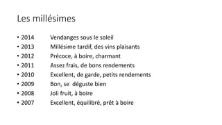 Les millésimes
• 2014 Vendanges sous le soleil
• 2013 Millésime tardif, des vins plaisants
• 2012 Précoce, à boire, charmant
• 2011 Assez frais, de bons rendements
• 2010 Excellent, de garde, petits rendements
• 2009 Bon, se déguste bien
• 2008 Joli fruit, à boire
• 2007 Excellent, équilibré, prêt à boire
 