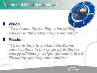 Vision and Mission statement

Vision
“To become the leading value adding
advisor in the global marine industry.”
Mission
“To contribute to sustainable Marine
constructions in the range of: Esthetics,
energy efficiency, weight reduction, fire &
life safety, security and comfort “

 