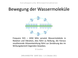 Bewegung der Wassermoleküle
© Covidien
ZIRN.KHNW.FFM · SAINT 2011 · 3.-4. Oktober 2011
E x t r a h e p a t i s c h e M i k r o w e l l e n a b l a t i o n
Frequenz 915 – 2450 MHz versetzt Wassermoleküle in
Rotation und Vibration, dies führt zu Reibung, die hieraus
resultierende Hitzeentwicklung führt zur Zerstörung des im
Wirkungsbereich liegenden Gewebes.
 