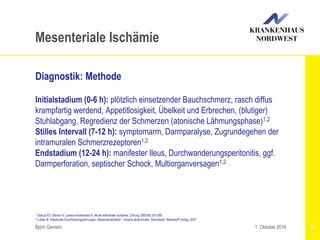 1 Debus ES, Diener H, Larena-Avellaneda A: Akute intestinale Ischämie. Chirurg 2009;80:375-385
2 Luther B: Intestinale Durchblutungsstörungen. Mesenterialinfarkt – Angina abdominalis. Darmstadt: Steinkopff Verlag, 2001
Björn Gemein 13
Mesenteriale Ischämie
Diagnostik: Methode
Initialstadium (0-6 h): plötzlich einsetzender Bauchschmerz, rasch diffus
krampfartig werdend, Appetitlosigkeit, Übelkeit und Erbrechen, (blutiger)
Stuhlabgang, Regredienz der Schmerzen (atonische Lähmungsphase)1,2
Stilles Intervall (7-12 h): symptomarm, Darmparalyse, Zugrundegehen der
intramuralen Schmerzrezeptoren1,2
Endstadium (12-24 h): manifester Ileus, Durchwanderungsperitonitis, ggf.
Darmperforation, septischer Schock, Multiorganversagen1,2
1. Oktober 2016
 