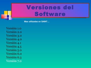 Versiones del
                  Software
              Mas utilizadas en SAINT…


Versión 1.0
Versión 2.0
Versión 3.0
Versión 4.0
Versión 4.1
Versión 4.5
Versión 5.0
Versión 6.0
Versión 6.3
Versión 7.0
 