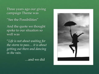 Three years ago our giving
campaign Theme was
“See the Possibilities”
And the quote we thought
spoke to our situation so
well was
“Life is not about waiting for
the storm to pass… it is about
getting out there and dancing
in the rain.
…and we did
 