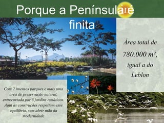 t Com 2 imensos parques e mais uma área de preservação natural, entrecortada por 5 jardins temáticos. Aqui as construções respeitam esse equilíbrio, sem abrir mão da modernidade Área total de  780.000 m² ,  igual a do Leblon Porque a Península é  finita 