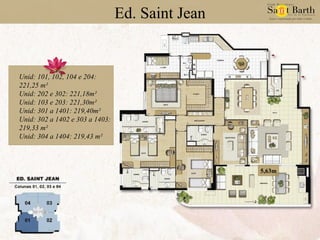 Ed. Saint Jean Unid: 101, 102, 104 e 204: 221,25 m² Unid: 202 e 302: 221,18m² Unid: 103 e 203: 221,30m² Unid: 301 a 1401: 219,40m² Unid: 302 a 1402 e 303 a 1403: 219,33 m² Unid: 304 a 1404: 219,43 m² 5,63m 