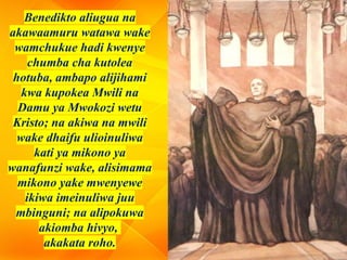 Benedikto aliugua na
akawaamuru watawa wake
wamchukue hadi kwenye
chumba cha kutolea
hotuba, ambapo alijihami
kwa kupokea Mwili na
Damu ya Mwokozi wetu
Kristo; na akiwa na mwili
wake dhaifu ulioinuliwa
kati ya mikono ya
wanafunzi wake, alisimama
mikono yake mwenyewe
ikiwa imeinuliwa juu
mbinguni; na alipokuwa
akiomba hivyo,
akakata roho.
 