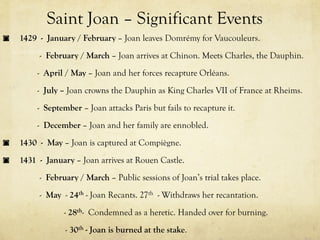 Saint Joan – Significant Events
1429 - January / February – Joan leaves Domrémy for Vaucouleurs.
     - February / March – Joan arrives at Chinon. Meets Charles, the Dauphin.
     - April / May – Joan and her forces recapture Orléans.
     - July – Joan crowns the Dauphin as King Charles VII of France at Rheims.
     - September – Joan attacks Paris but fails to recapture it.
     - December – Joan and her family are ennobled.
1430 - May – Joan is captured at Compiègne.
1431 - January – Joan arrives at Rouen Castle.
     - February / March – Public sessions of Joan’s trial takes place.
     - May - 24th - Joan Recants. 27th - Withdraws her recantation.
            - 28th- Condemned as a heretic. Handed over for burning.
             - 30th - Joan is burned at the stake.
 