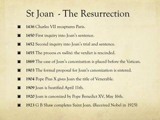 St Joan - The Resurrection
1436 Charles VII recaptures Paris.
1450 First inquiry into Joan’s sentence.
1452 Second inquiry into Joan’s trial and sentence.
1455 The process en nullité: the verdict is rescinded.
1869 The case of Joan’s canonization is placed before the Vatican.
1903 The formal proposal for Joan’s canonization is entered.
1904 Pope Pius X gives Joan the title of Venerable.
1909 Joan is beatified April 11th.
1920 Joan is canonized by Pope Benedict XV, May 16th.
1923 G B Shaw completes Saint Joan. (Received Nobel in 1925)
 