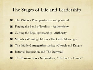 The Stages of Life and Leadership
 The Vision – Pure, passionate and powerful

 Forging the Band of loyalists – Authenticity

 Getting the Regal sponsorship - Authority

 Miracle - Winning Orleans –The God’s Messenger

 The (hidden) antagonists surface - Church and Knights

 Betrayal, Inquisition and The Downfall

 The Resurrection – Nationalism, “The Soul of France”
 