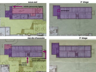 sous-sol                           2e étage
     entrée personnes âgées

                                  ascenseur




            rez-de-chaussée                   3e étage




               entrée logements
                semi-autonomes
   entrée
chambres
 