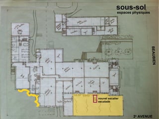sous-sol
             espaces physiques




                                 BEAUBIEN
nouvel escalier
escalade




                     2e AVENUE
 