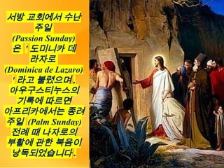 서방 교회에서 수난
주일
(Passion Sunday)
은 ' 도미니카 데
라자로
(Dominica de Lazaro)
' 라고 불렸으며 ,
아우구스티누스의
기록에 따르면
아프리카에서는 종려
주일 (Palm Sunday)
전례 때 나자로의
부활에 관한 복음이
낭독되었습니다 .
 