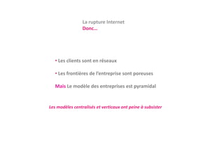 La rupture Internet
                 Donc…




   • Les clients sont en réseaux
     Les clients sont en réseaux

   • Les frontières de l’entreprise sont poreuses

   Mais Le modèle des entreprises est pyramidal


Les modèles centralisés et verticaux ont peine à subsister
 